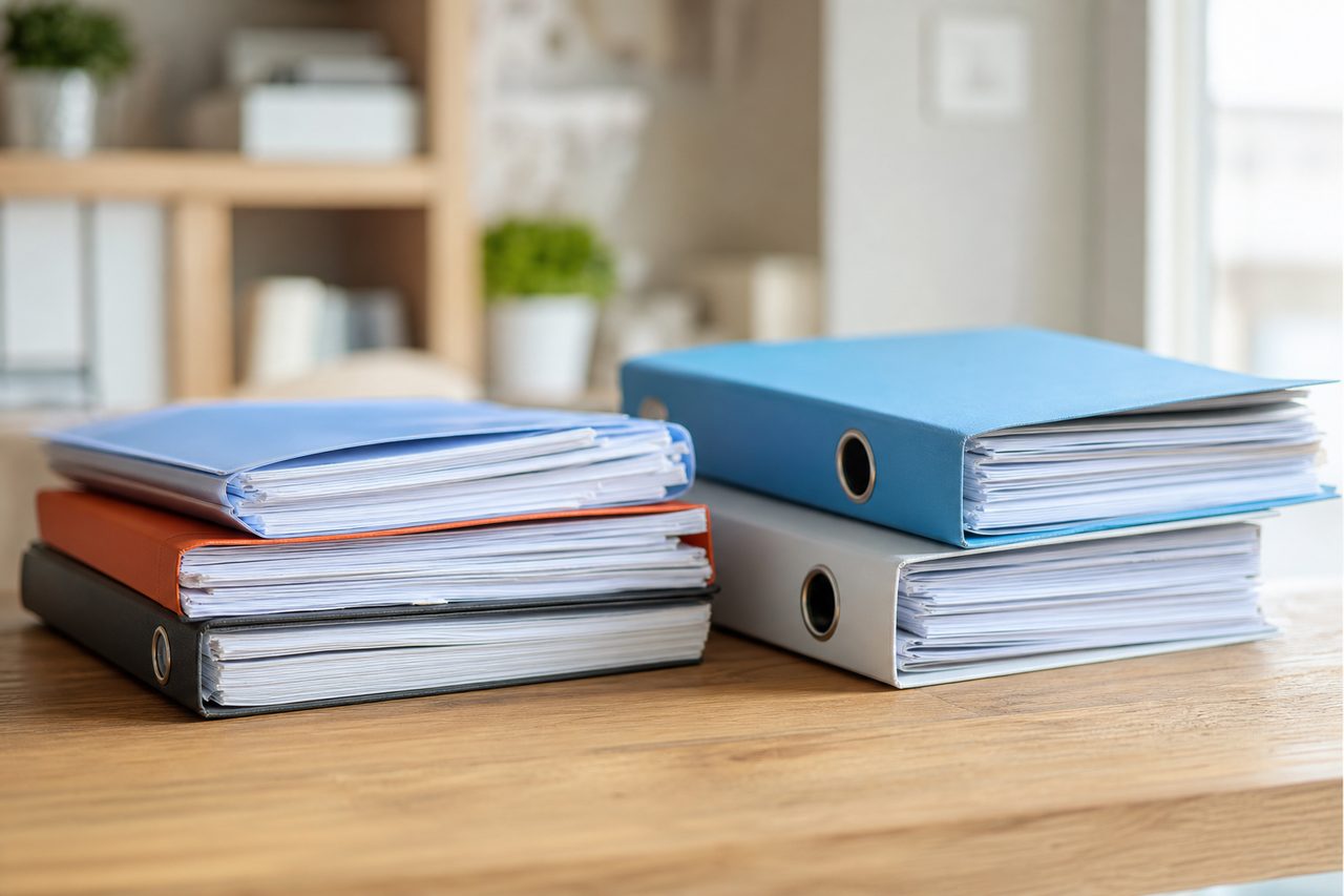 Classeur de documents administratifs et factures triés sur un bureau, avec une chemise cartonnée et un dossier archive