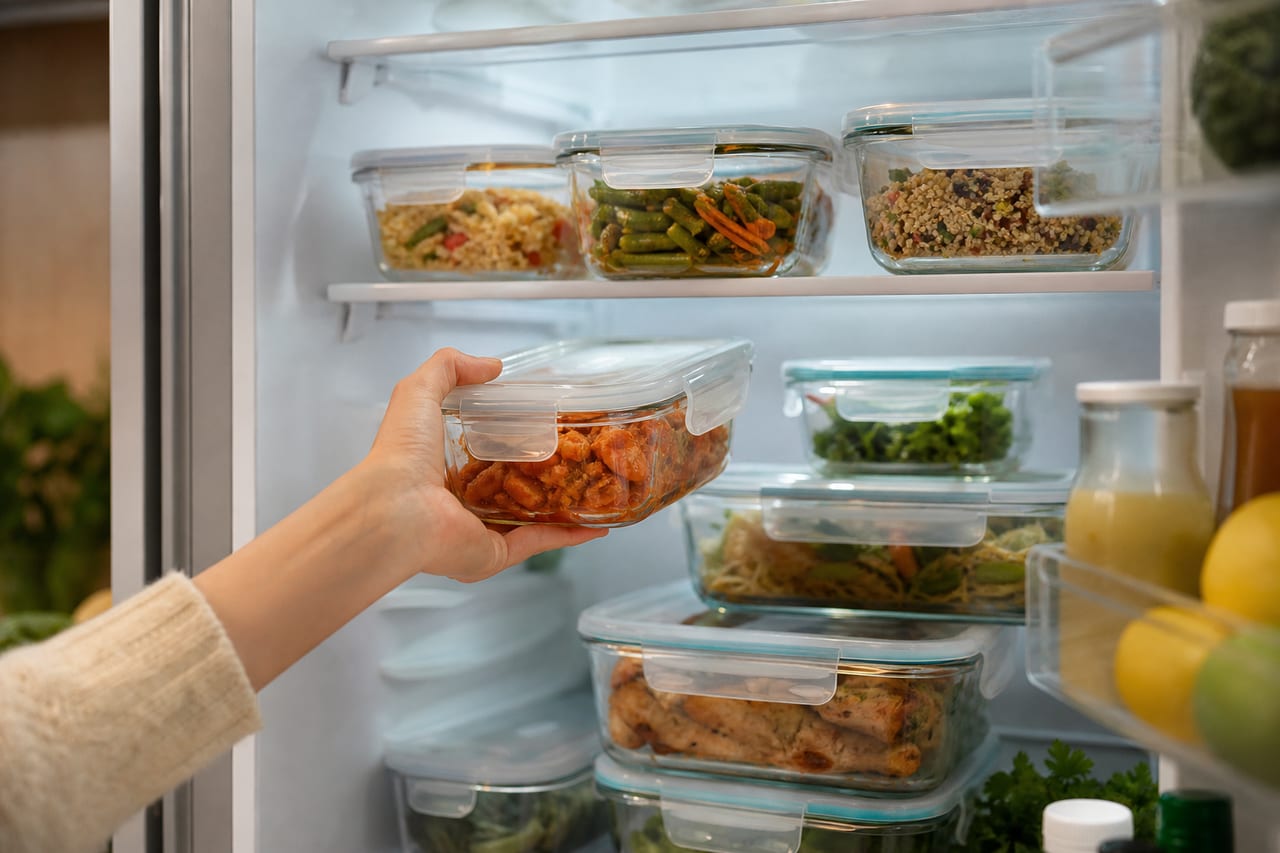 Main rangeant des restes de plats cuisinés dans des boîtes hermétiques transparentes à l'intérieur d'un réfrigérateur