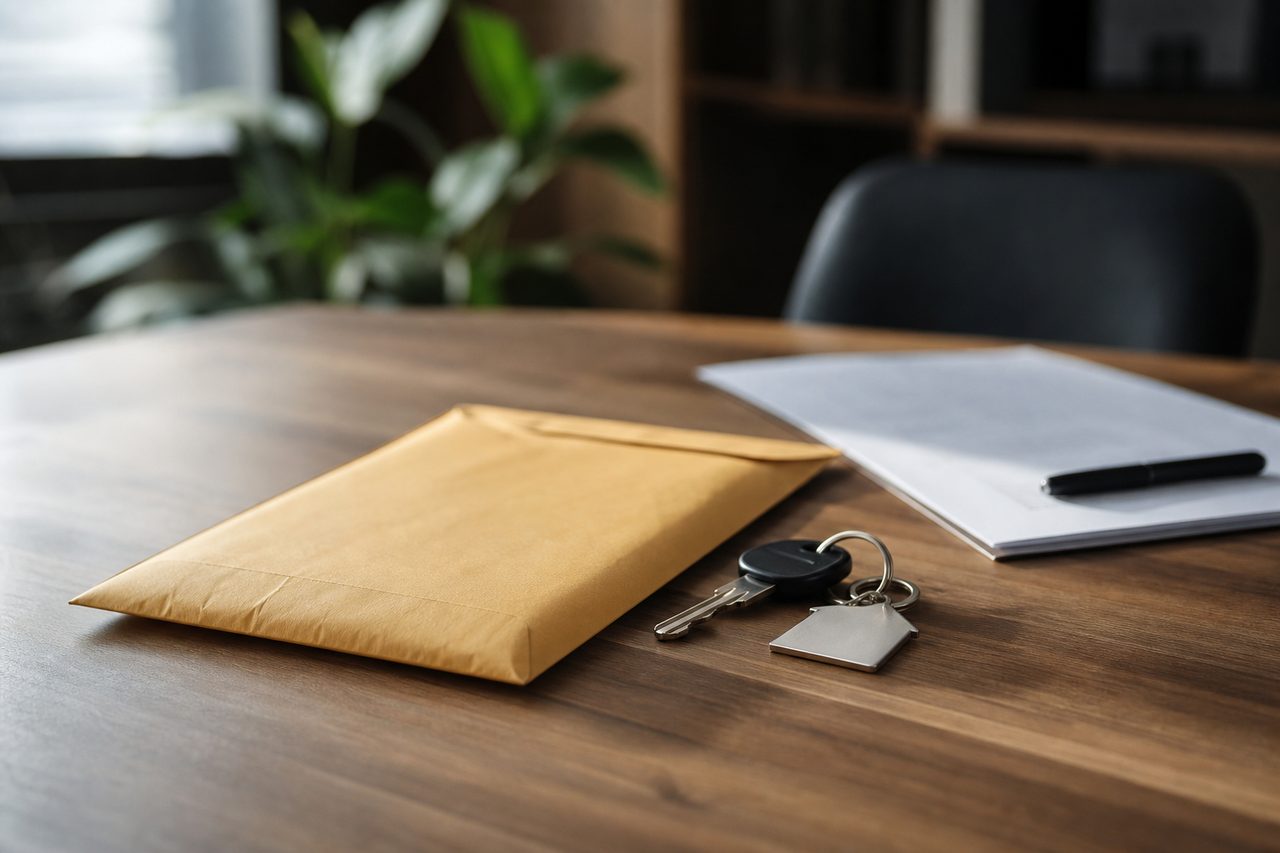 Enveloppe de courrier recommandé et clés posées sur une table, à côté d'un bail de location