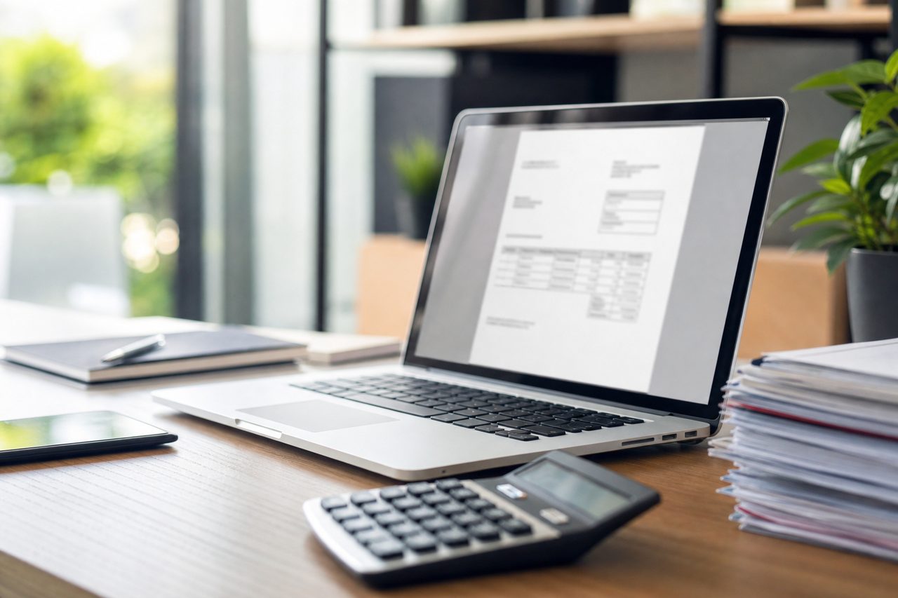 Facture auto-entrepreneur et calculatrice posées sur un bureau moderne, ordinateur portable en arrière-plan