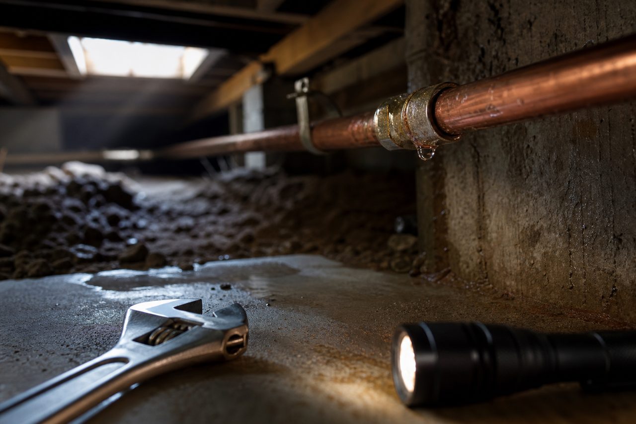 Canalisation d’eau en cuivre dans un vide sanitaire, goutte d’eau au niveau d’un raccord, sol humide, clé à molette et lampe torche posées à côté