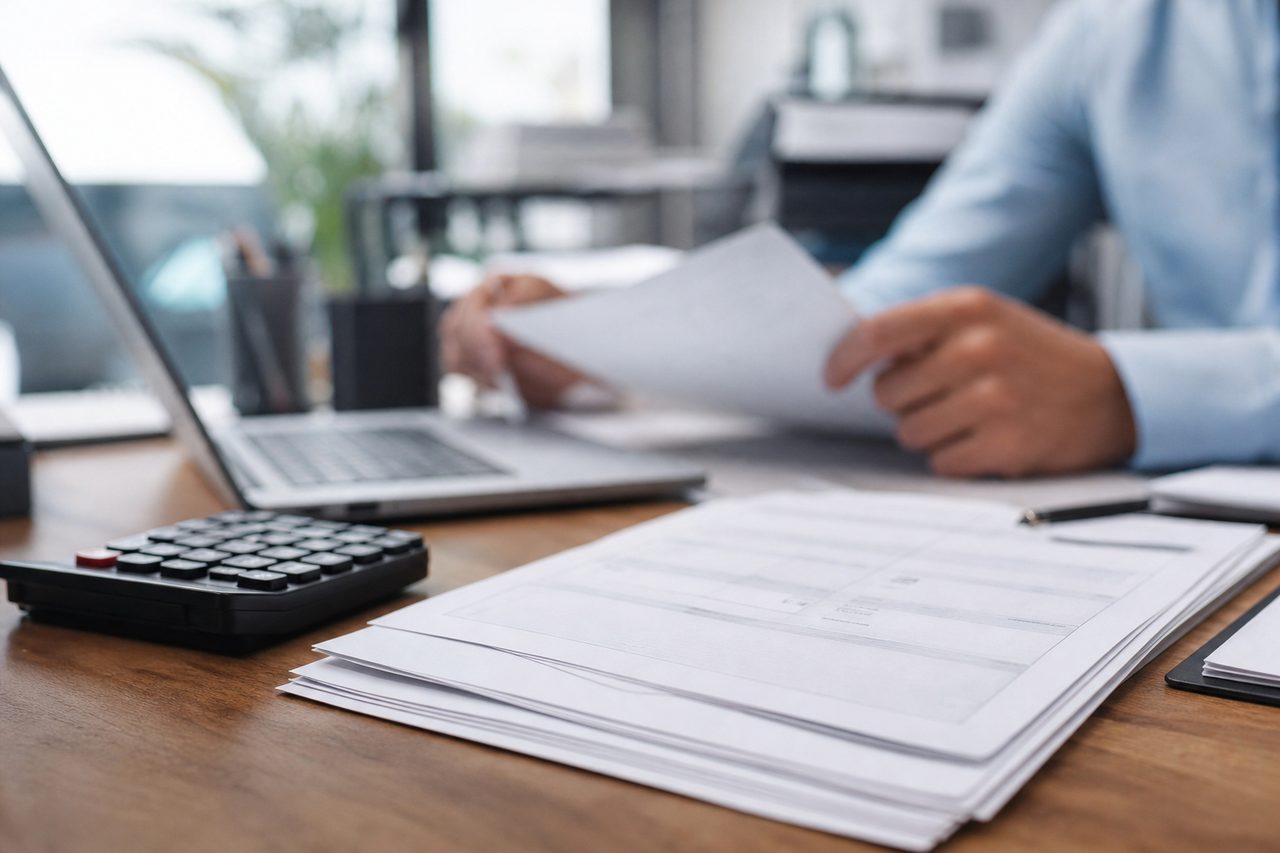 Facture professionnelle et calculatrice sur un bureau de travail, ambiance entreprise claire et sérieuse