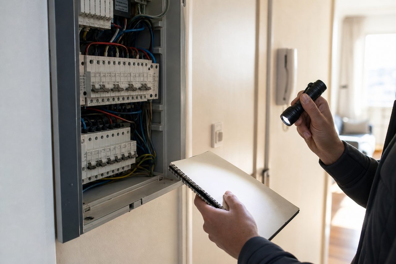 Tableau électrique domestique ouvert dans un couloir clair, disjoncteurs et câbles visibles, personne tenant une lampe torche et un carnet pour noter un relevé