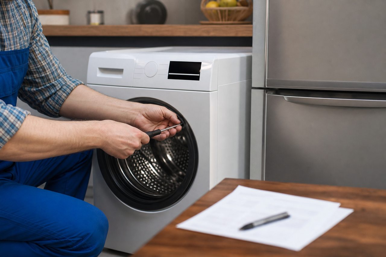 Technicien examinant un lave-linge en panne dans une cuisine, avec une facture posée à côté
