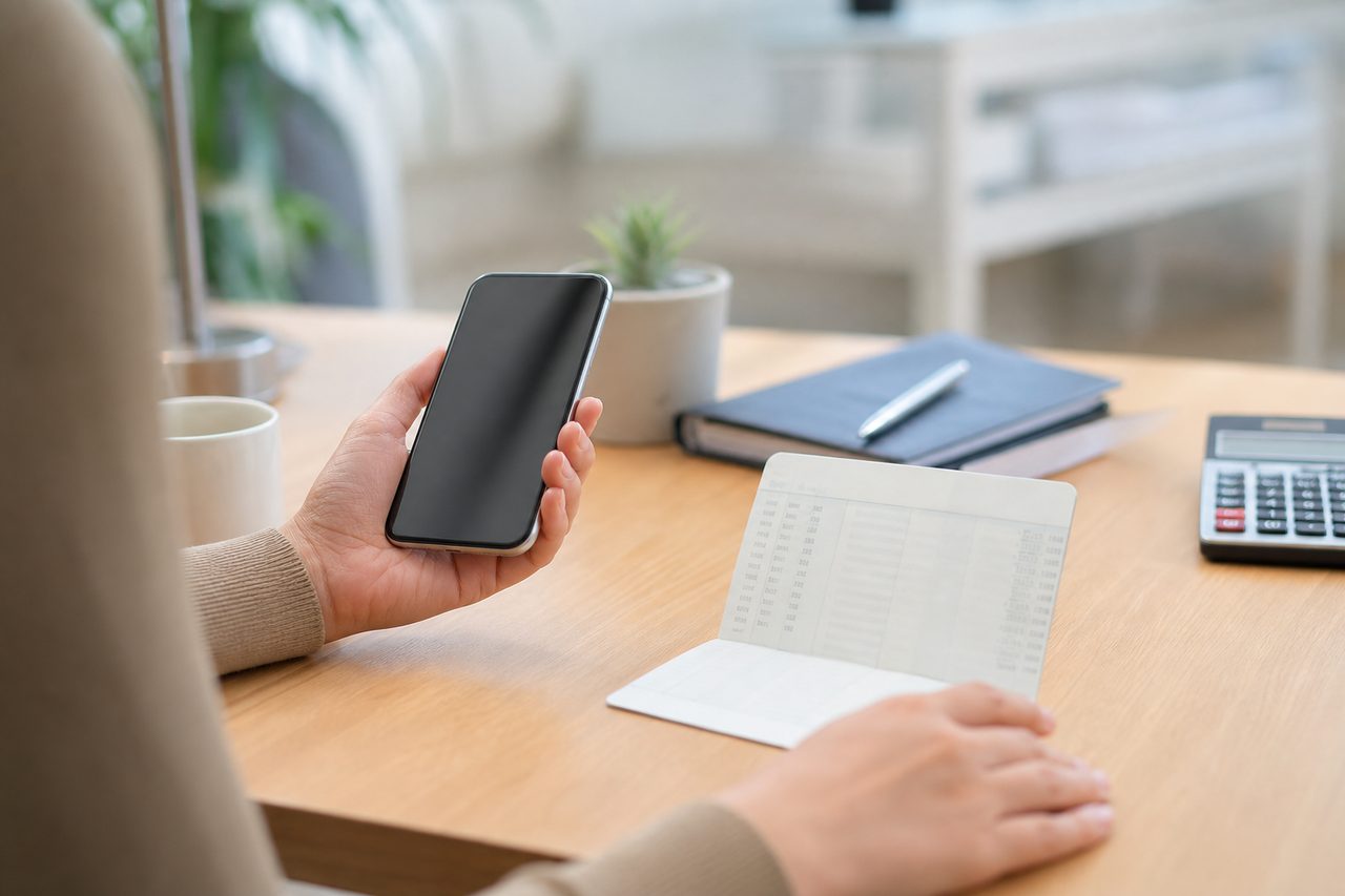 Personne consultant son épargne sur une application bancaire, carnet de compte posé sur une table