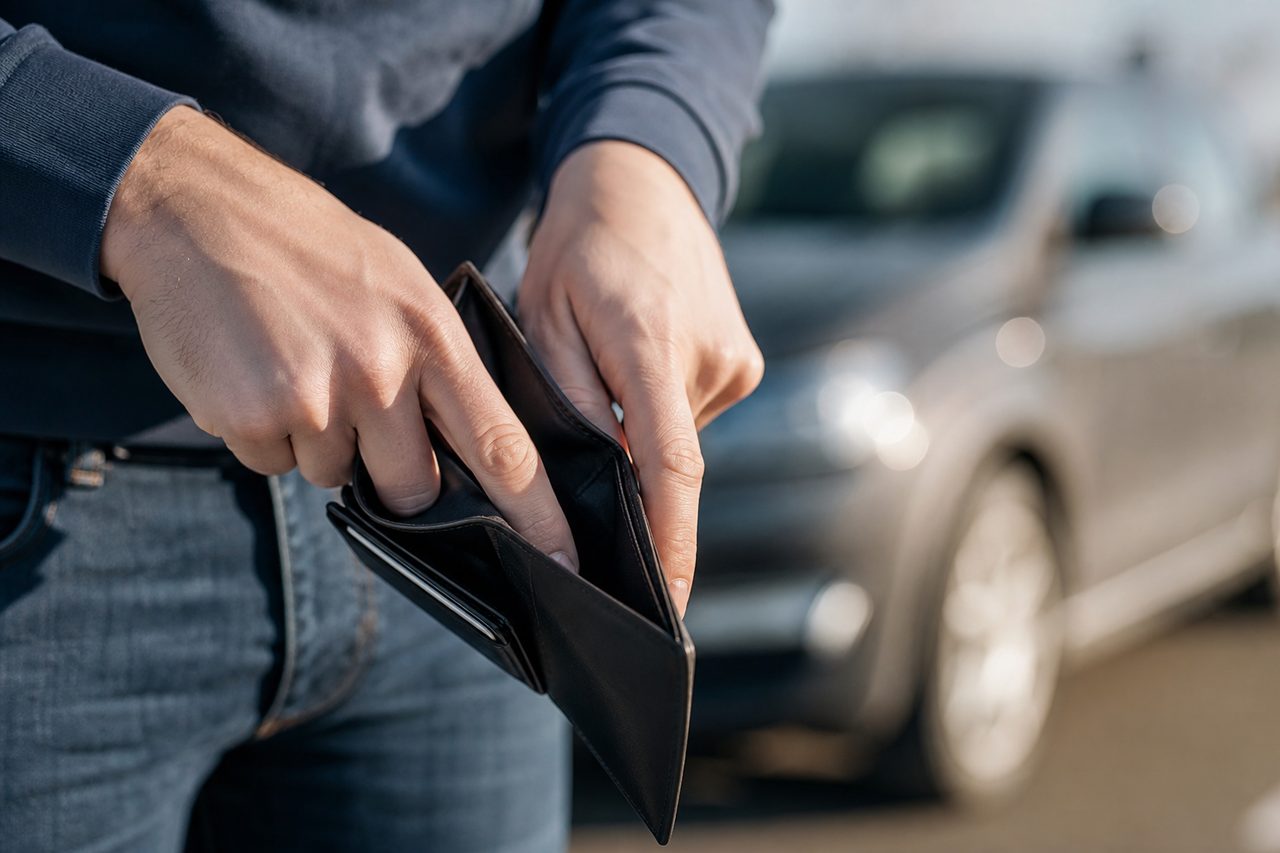 Gros plan sur des mains fouillant un portefeuille vide à la recherche d'un document, voiture floue en arrière-plan