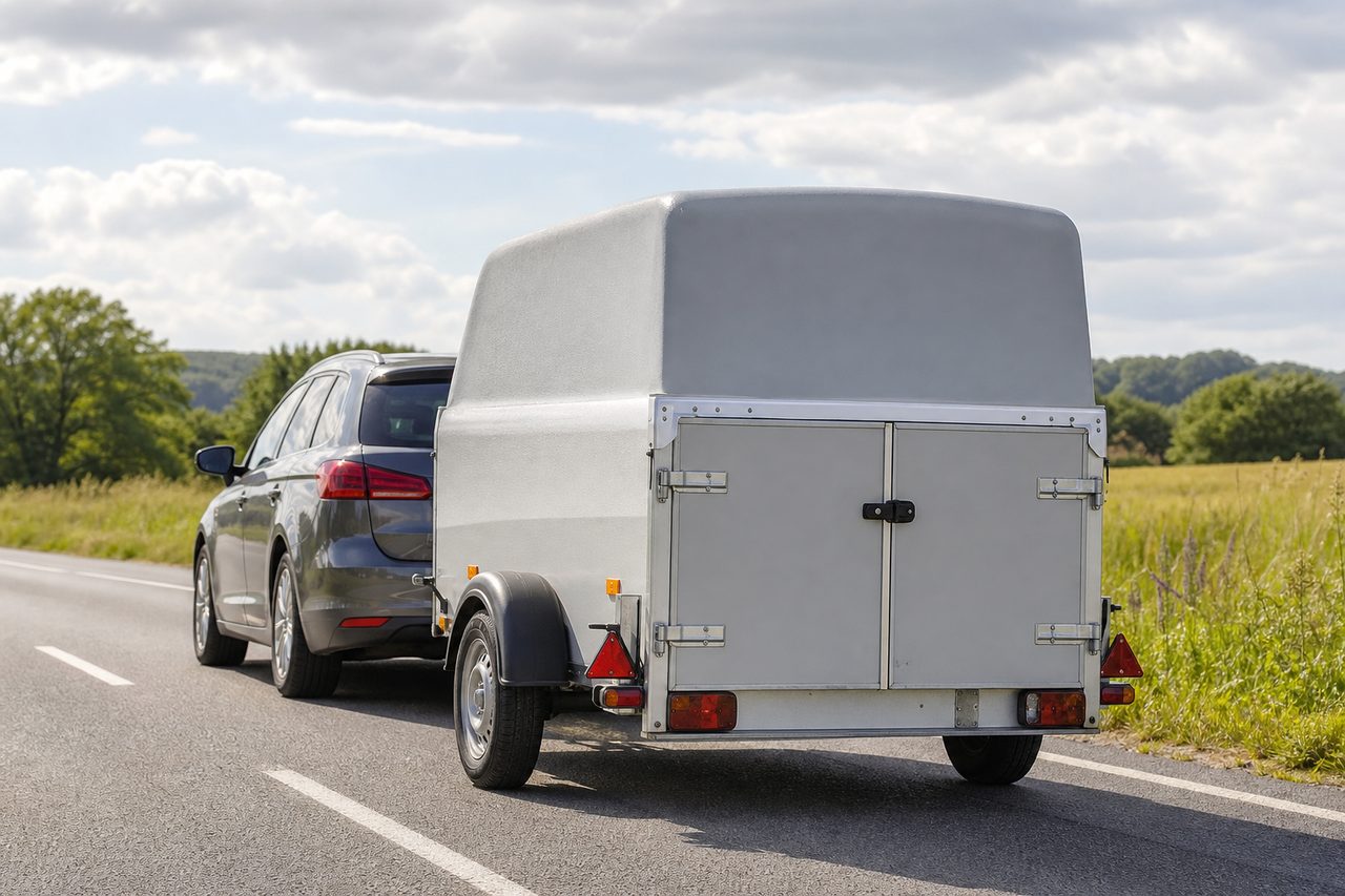 Voiture tractant une remorque chargée sur une route de campagne, attelage visible
