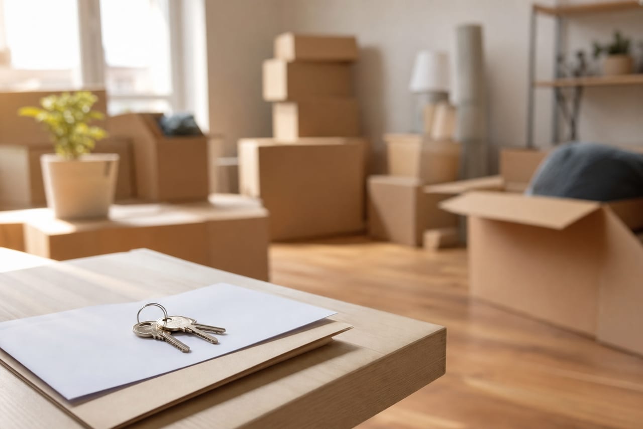 Clés d'appartement posées sur une lettre recommandée et un bail de location, ambiance déménagement