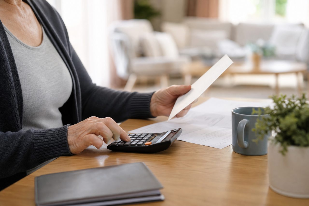 Personne âgée consultant un relevé de pension de retraite et une calculatrice à une table de salon, lumière naturelle douce