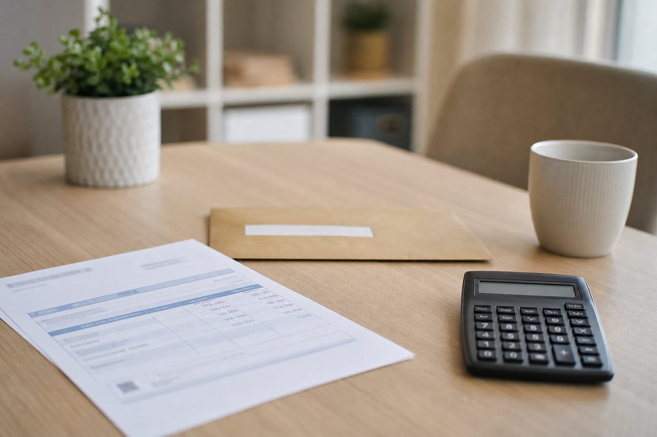 Relevé bancaire et lettre de relance posés sur une table, lumière naturelle douce, ambiance domestique sérieuse