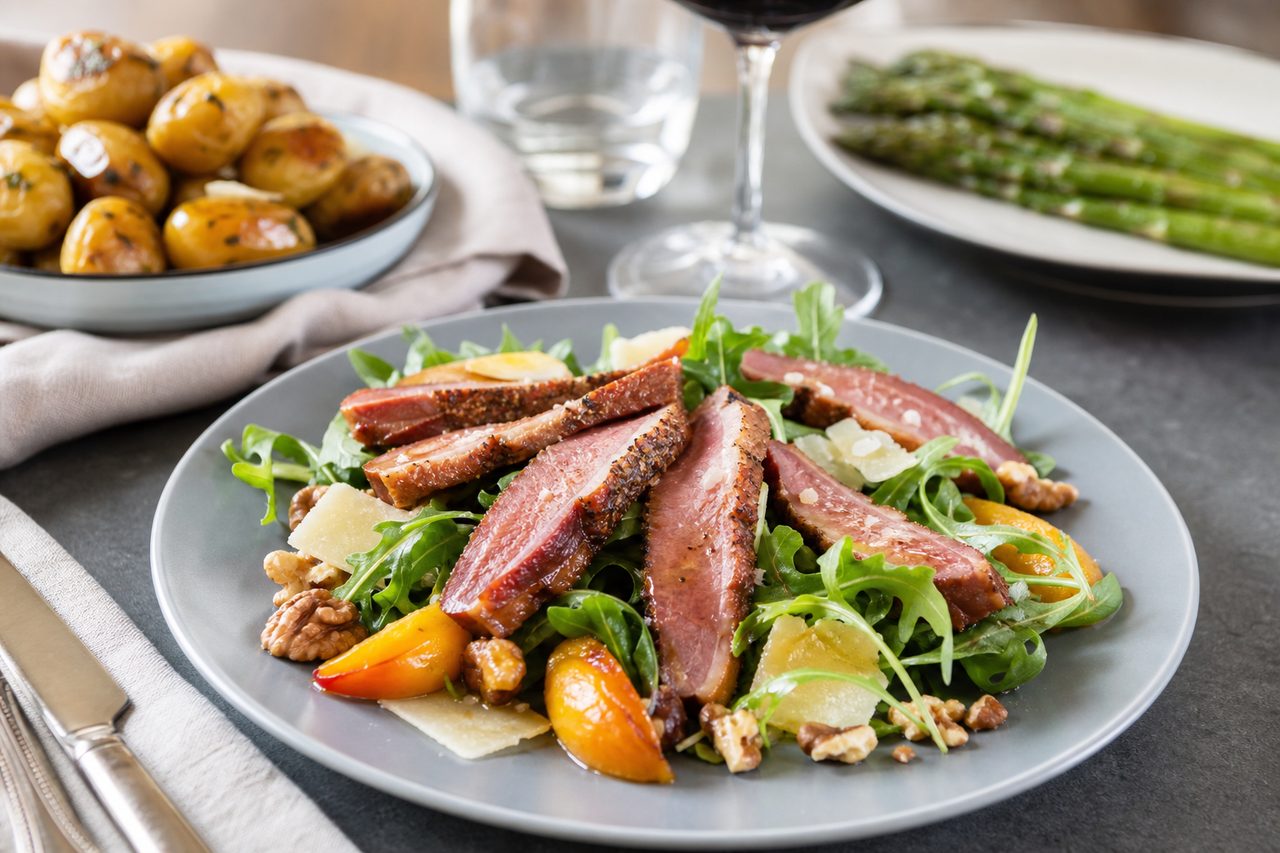 Quels plats sont généralement servis lors d’un repas avec du magret fumé ?