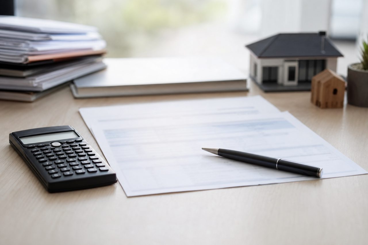 Documents de prêt immobilier et calculatrice posés sur un bureau clair, ambiance financière sobre