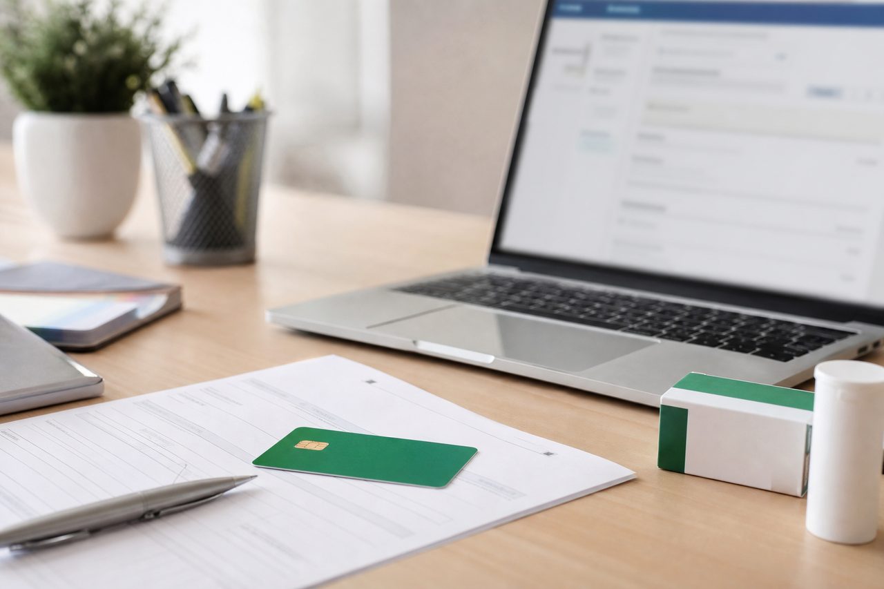 Personne consultant son compte ameli sur un ordinateur portable, avec une carte Vitale et une ordonnance posées sur le bureau