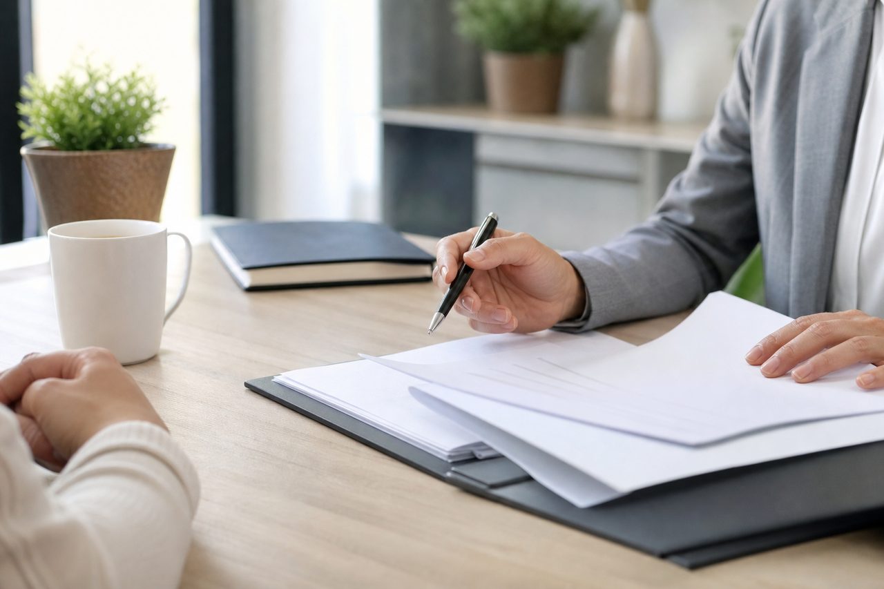 Personne signant un document contractuel à un bureau clair, avec stylo et dossier assurance, ambiance professionnelle rassurante