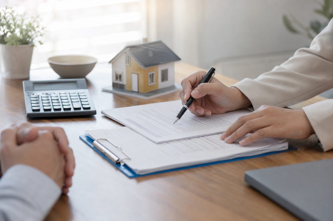 Dossier de prêt immobilier et stylo sur une table en bois, lumière naturelle douce