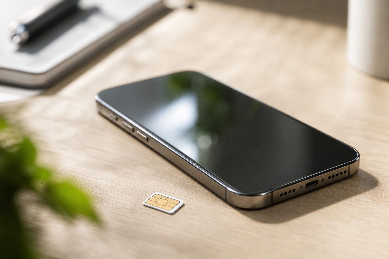Smartphone posé sur une table avec une carte SIM à côté, ambiance bureau lumineux