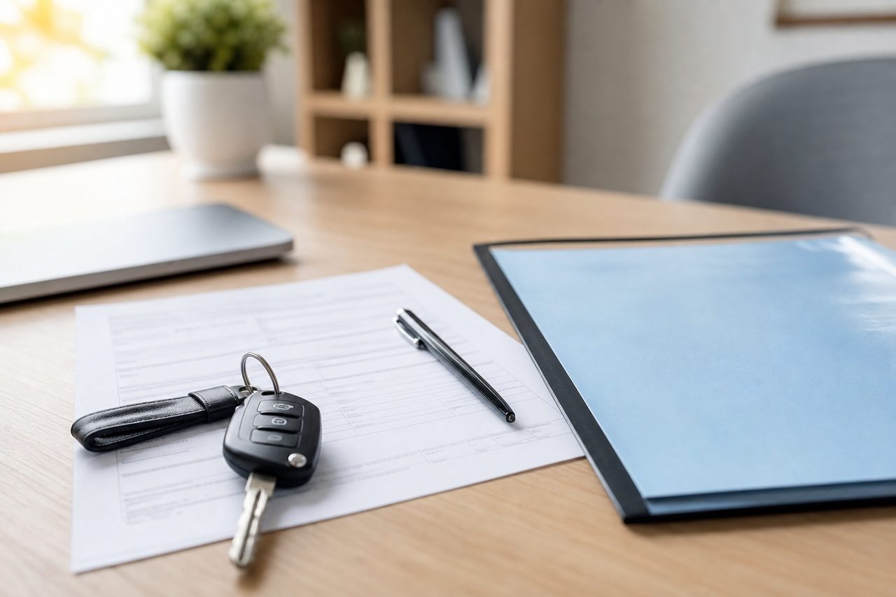 Certificat de cession de véhicule et clés de voiture posés sur un contrat d'assurance auto, sur un bureau