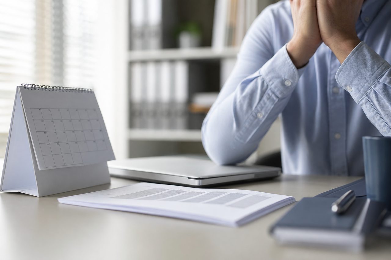 Personne stressée au bureau devant un calendrier et un bulletin de paie, ordinateur portable fermé, ambiance professionnelle