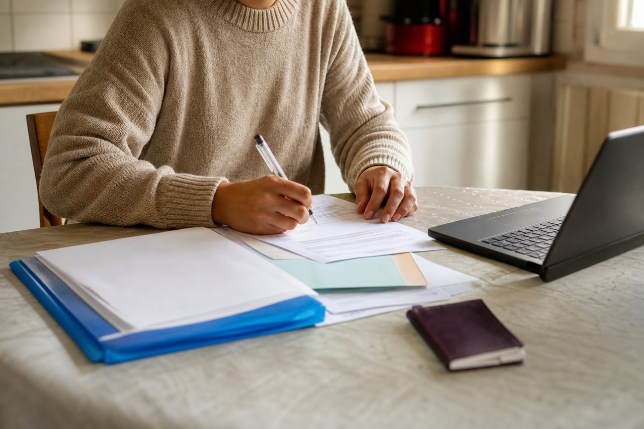 Personne remplissant un dossier de demande d'aide sociale sur un ordinateur portable à une table de cuisine, avec des papiers administratifs