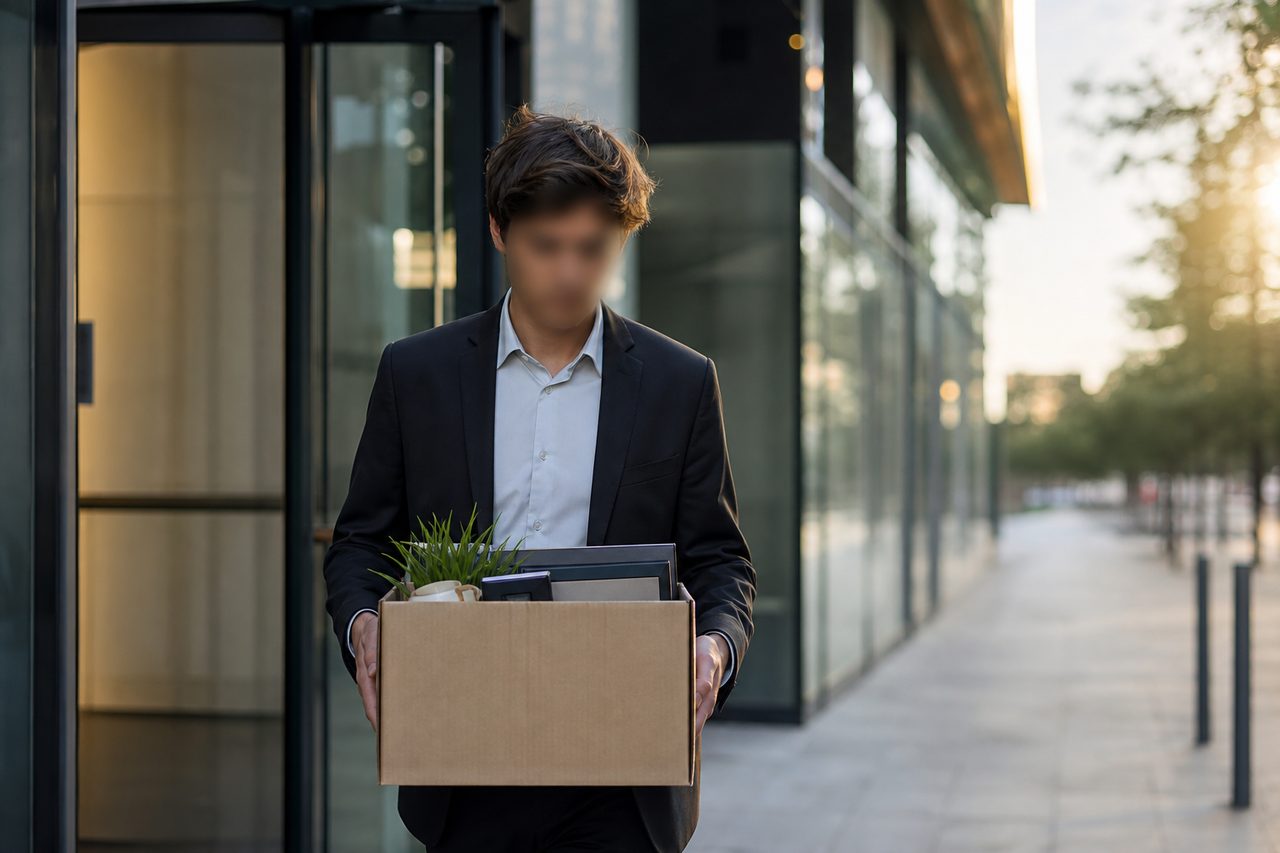 Employé quittant les bureaux de son entreprise avec un carton de fin de contrat, ambiance de journée de travail