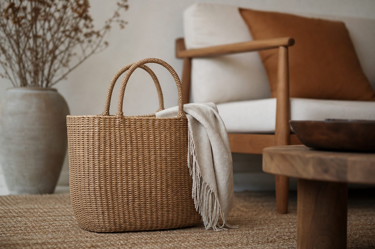 Sac en osier tendance scandinave : Sac en osier au design scandinave pour une déco minimaliste