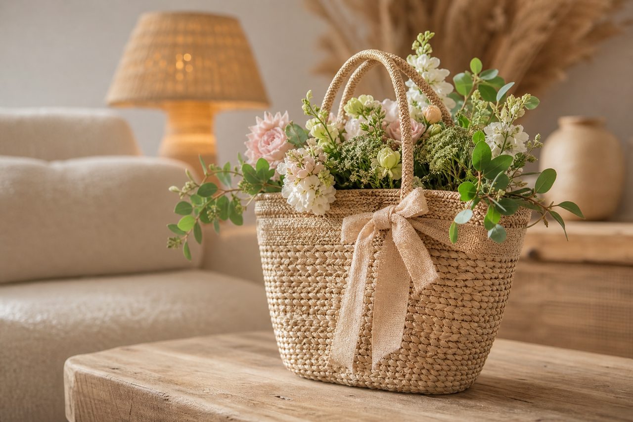 Sac en osier pour offrir des fleurs : Sac en osier délicat pour offrir des fleurs avec raffinement