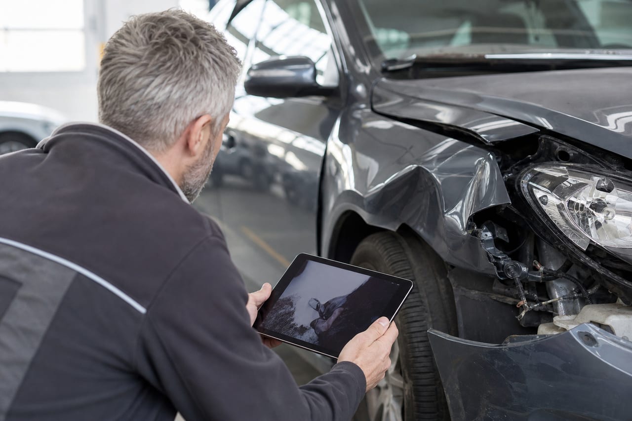 Carrosserie de voiture accidentée examinée par un expert automobile avec une tablette, ambiance garage