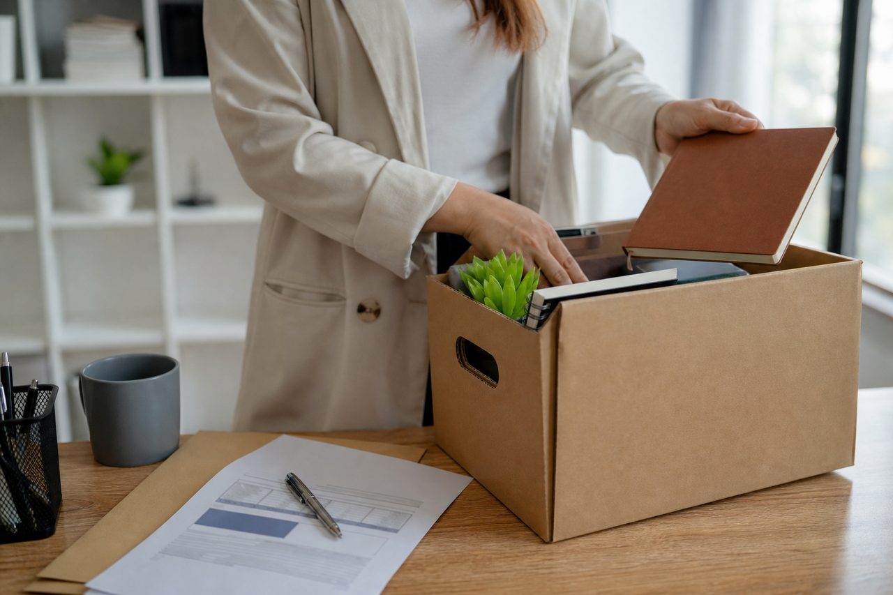 Employée rangeant ses affaires personnelles dans un carton sur son bureau, dernier jour de travail