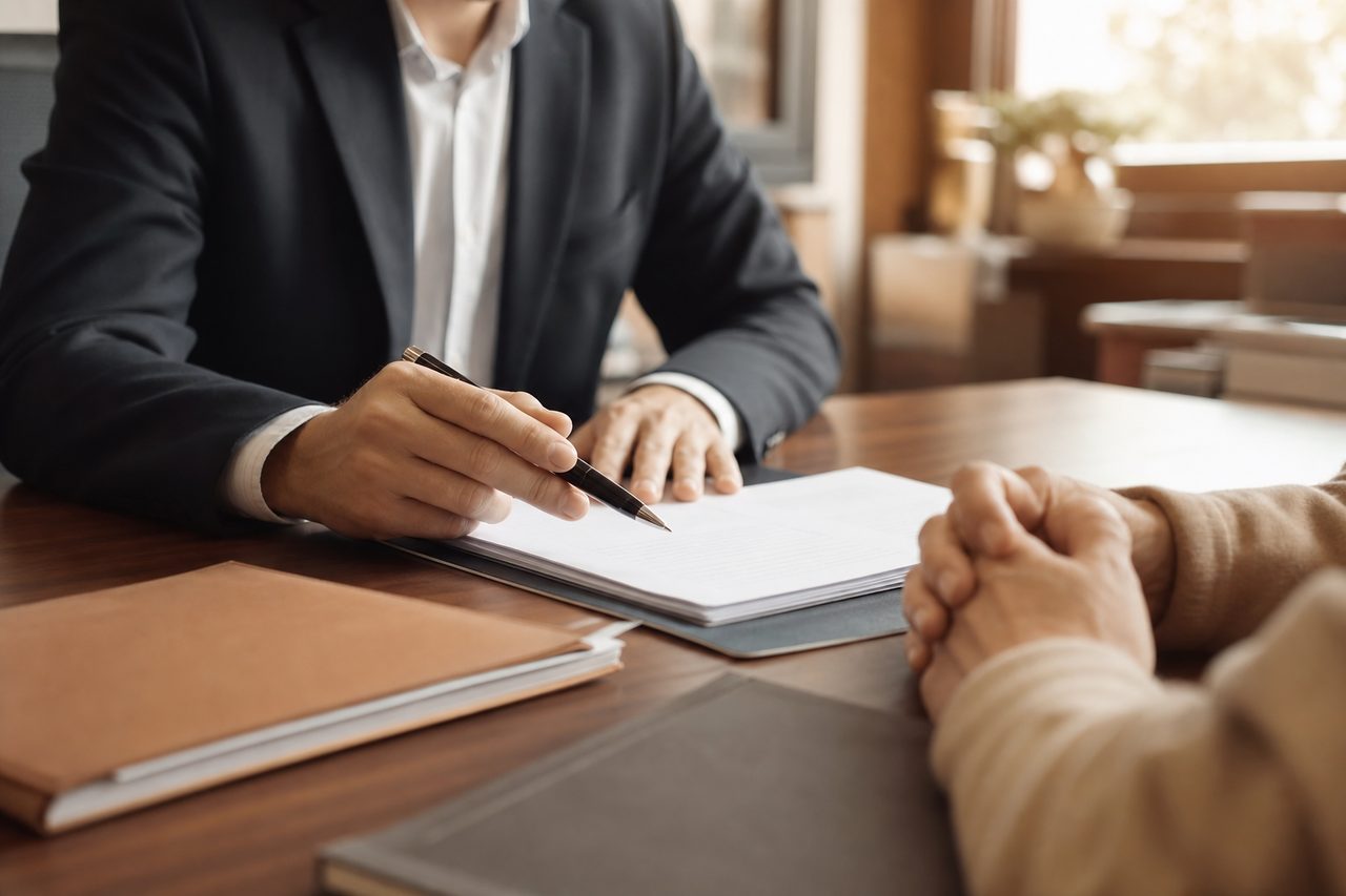 Mains feuilletant des documents de succession et un stylo posés sur une table en bois avec une tasse de café