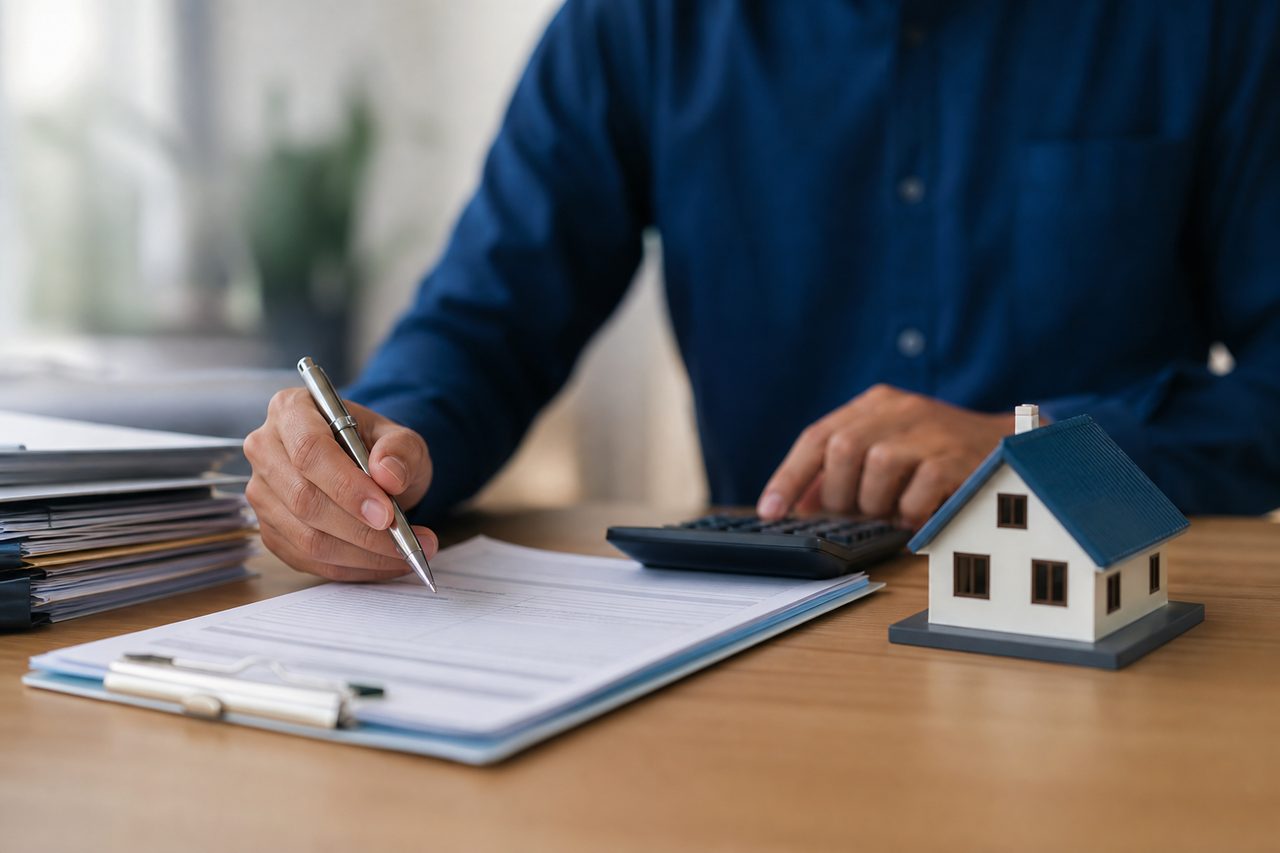 Avis d'imposition et calculatrice posés sur une table avec une maison miniature, ambiance administrative