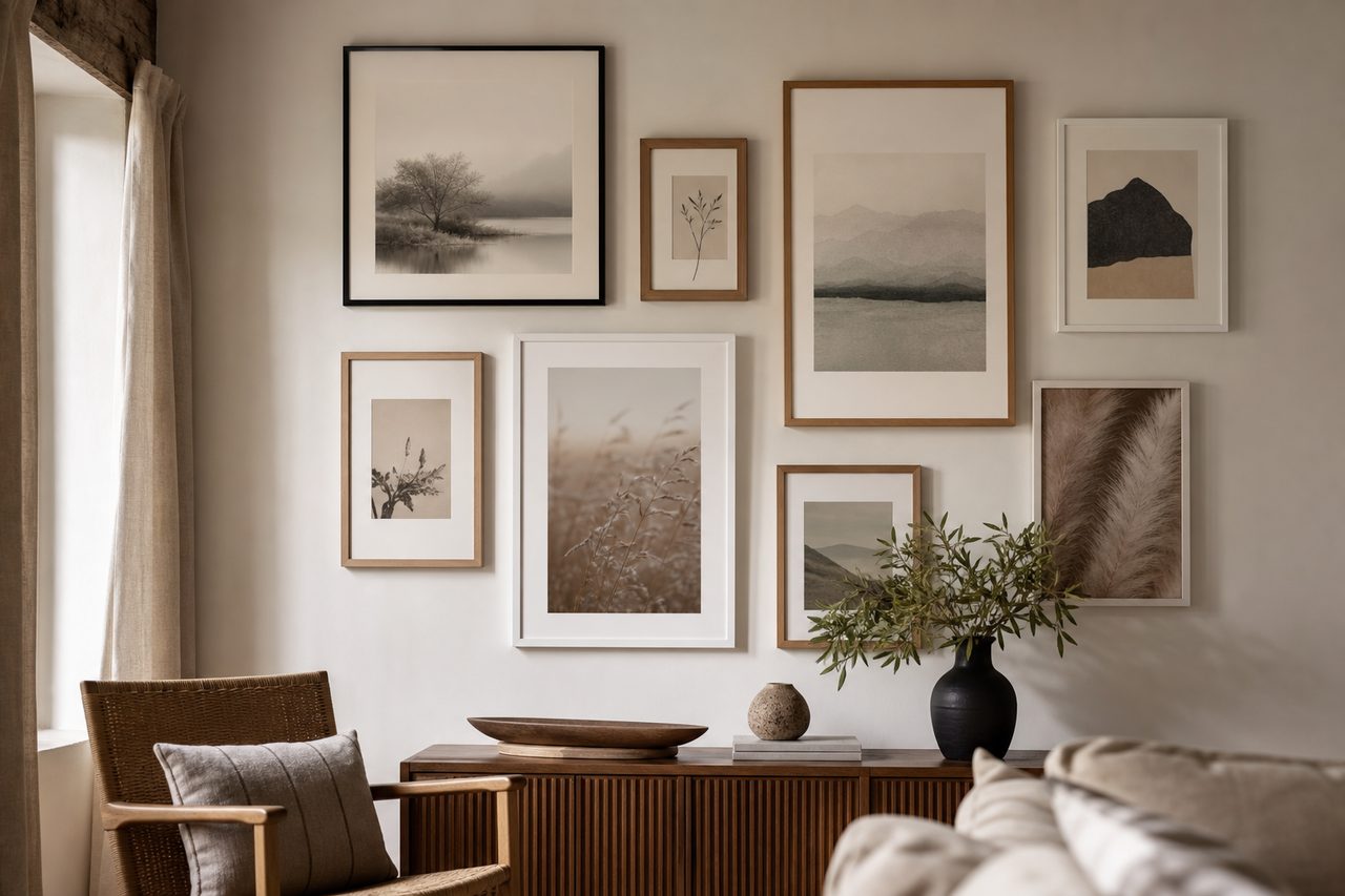 Un mur de cadres harmonieux : guide pour une décoration murale réussie avec des œuvres encadrées