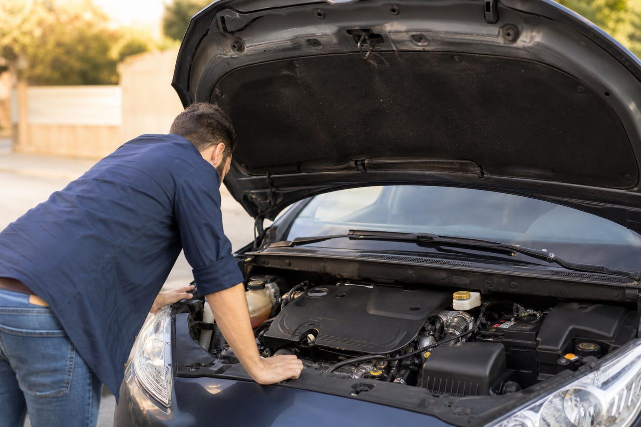 Capot ouvert d'une voiture d'occasion garée dans la rue, personne examinant le moteur avec attention