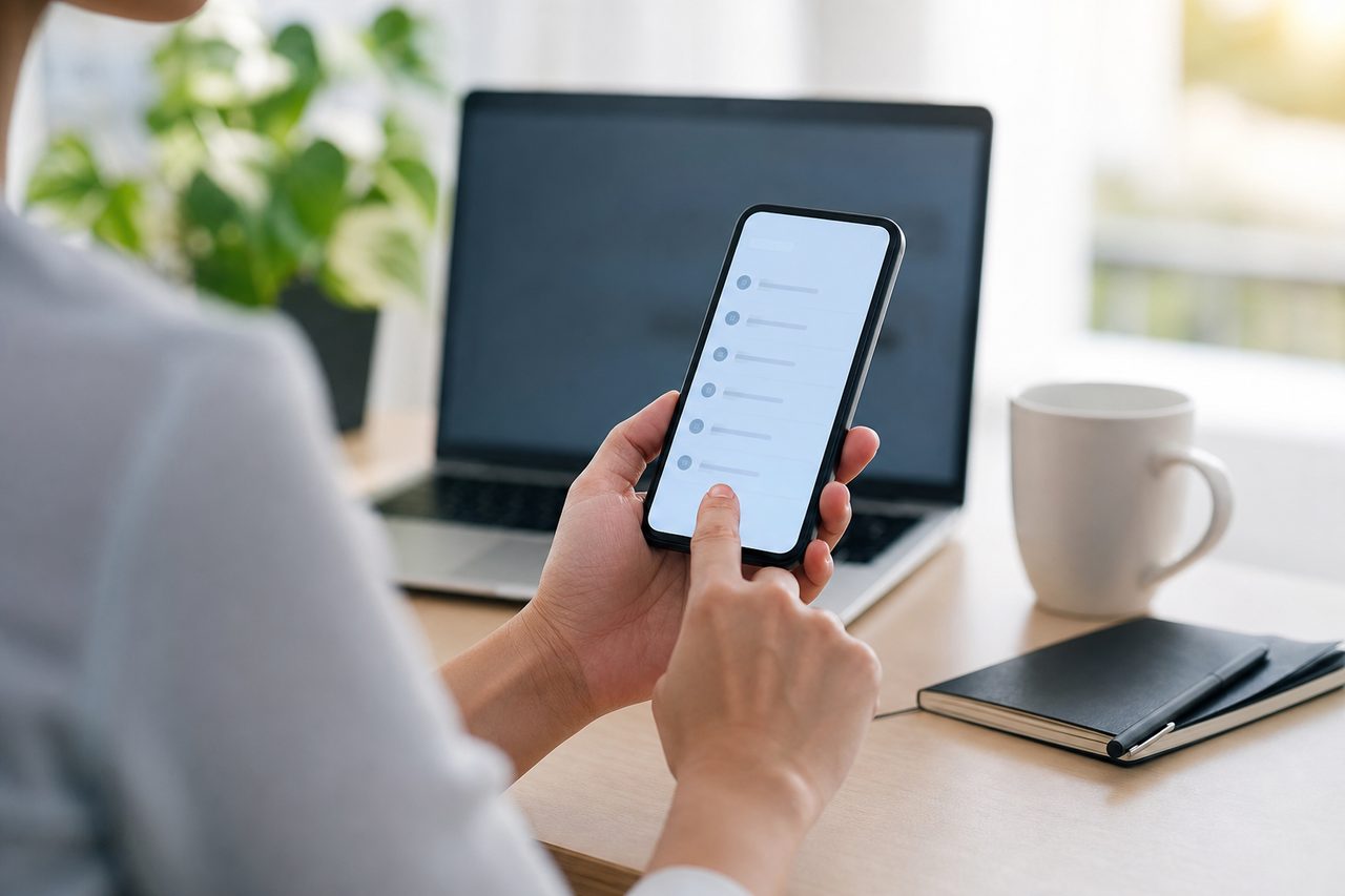 Personne consultant une application bancaire sur smartphone avec un historique de virements affiché